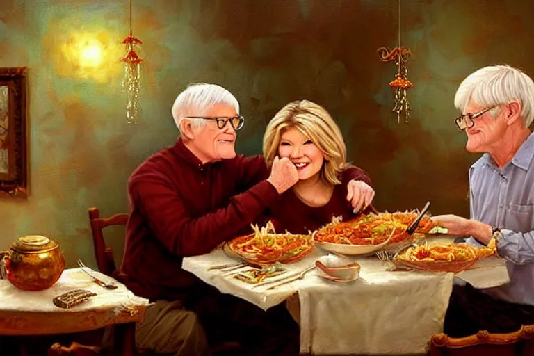 Image similar to martha stewart and phil donahue having a romantic spaghetti dinner, an oil painting by ross tran and thomas kincade