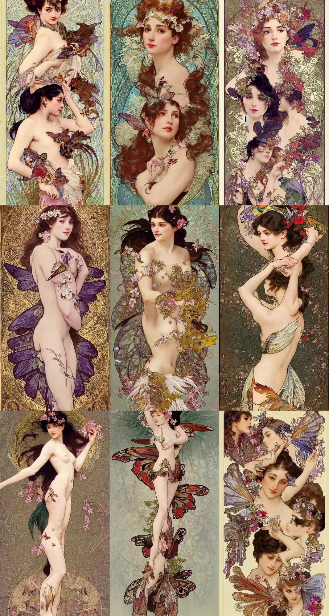 Prompt: Character concept spot illustrations of fashion featuring butterfly wings and exotic birds and exotic flower petals motifs, full-body, bloom, dynamic poses, diaphanous cloth, intricate crystalline and feather jewelry, ornate, filigree, arcane, cinematic lighting, by Alphonse Mucha, by Artgerm, by Bouguereau, by Sakimichan, fantasy, portfolio illustration, highly detailed, trending on Artstation, CGsociety, HQ, 8k, 35mm lens, f2.8, Bokeh,