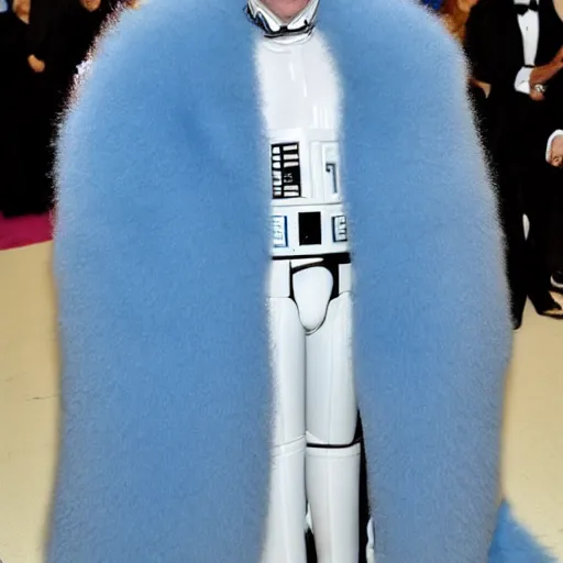 Prompt: White Darth Vader wearing a blue fur coat at Met Gala 2017