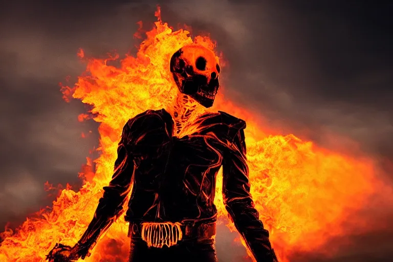 Image similar to Ghost Rider staring into your soul, dramatic lighting, highly stylized, headshot photo, high quality wallpaper, desktopography
