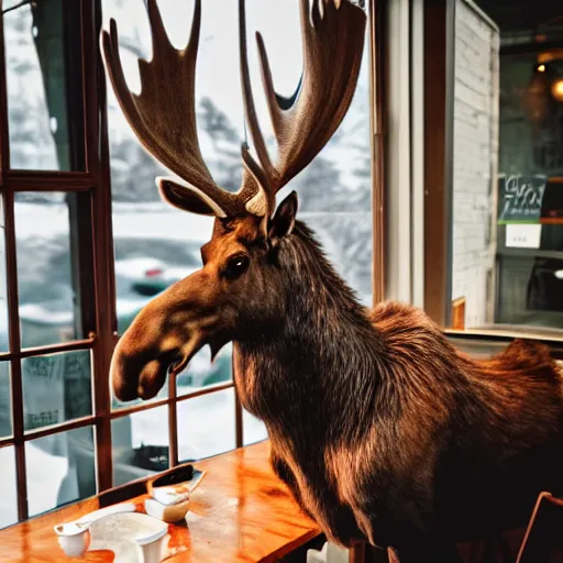 Image similar to a moose in a coffee shop in vermont, realistic, 8 k