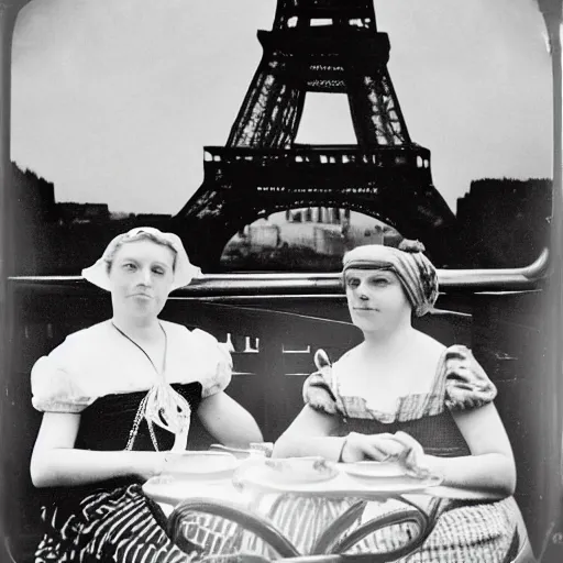 Prompt: Two victorian women sitting by a table outside a cafe in paris, eiffel tower visible in the background, moonlit scene, black and white vintage photograph