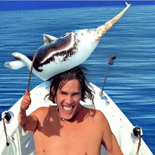 Image similar to jim carrey riding a narwhal, realistic