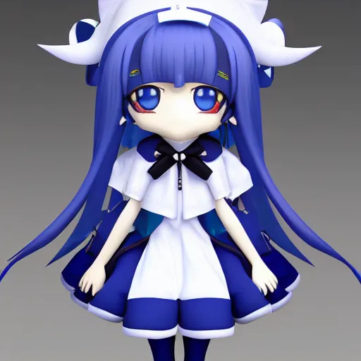 Image similar to cute fumo plush of a gothic maiden in a blue and black uniform, laces and ribbons, soft shadow, anime girl, vray, white frame