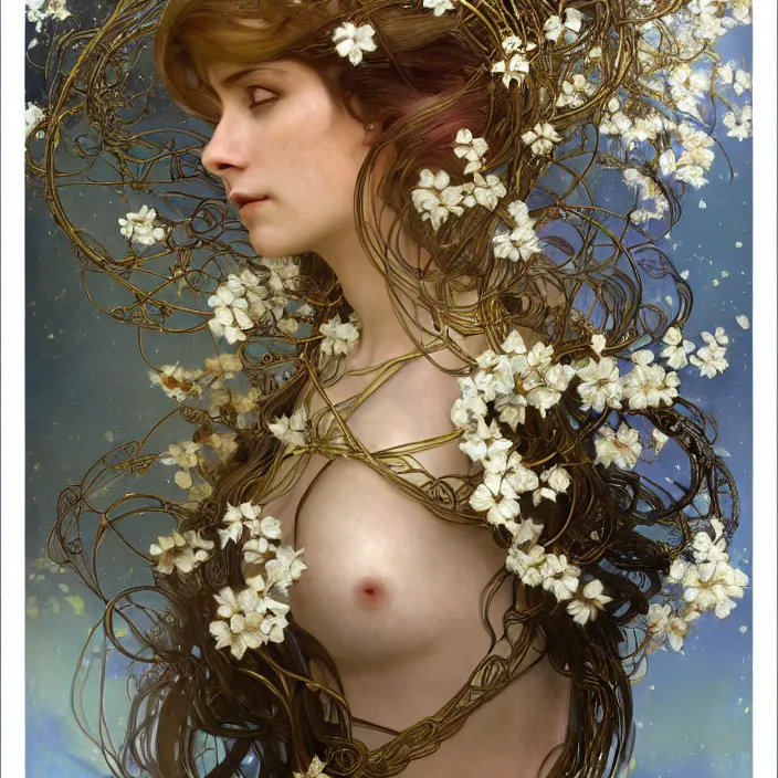 Image similar to hyperrealist portrait of a 2 0 4 4 space sport engineer, it is decorated with long gold and steel wires and white flowers that fall like vines and wears a huge computer crown. by jeremy mann and alphonse mucha, fantasy art, photo realistic, dynamic lighting, artstation, poster, volumetric lighting, dramatic light, very detailed faces, 8 k, award winning