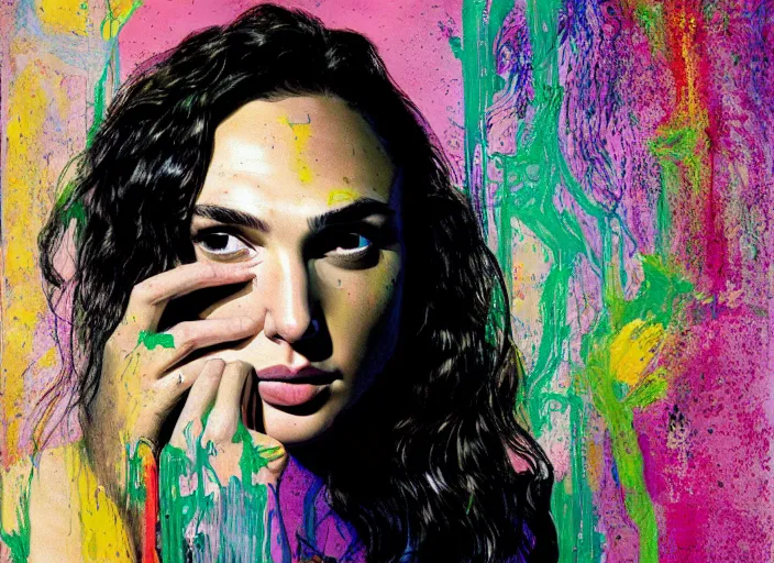 Image similar to portrait of gal gadot in tears, by vincent lefevre and hernan bas and pat steir and hilma af klint, psychological, photorealistic, dripping paint, washy brush, rendered in octane, altermodern, masterpiece