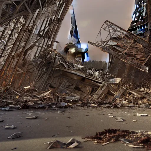 Image similar to A beautiful intricate 8K award-winning ground-level cinematic movie photograph of the future rusting rubble of the fallen and decimated Eiffel Tower, lying in pieces on the ground, surrounded by neon and collapsing corporate video billboard displays. in the year 2050, by Bruno Delbonnel and greg rutkowski. octane render, Arri Alexa 65. Cinematic lighting