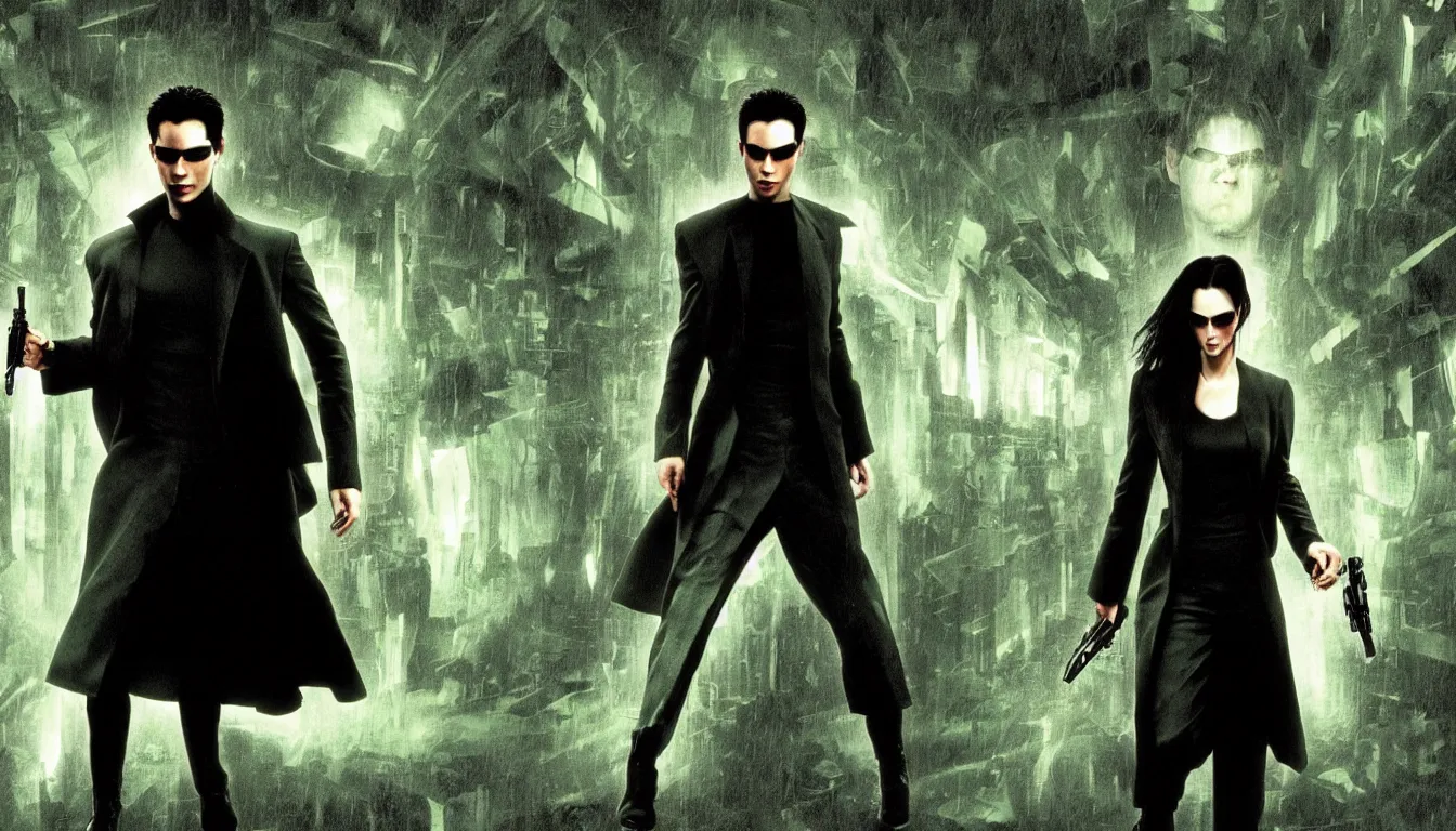 Image similar to Neo from The Matrix standing in the middle of the Windows XP desktop wallpaper, trending on artstation