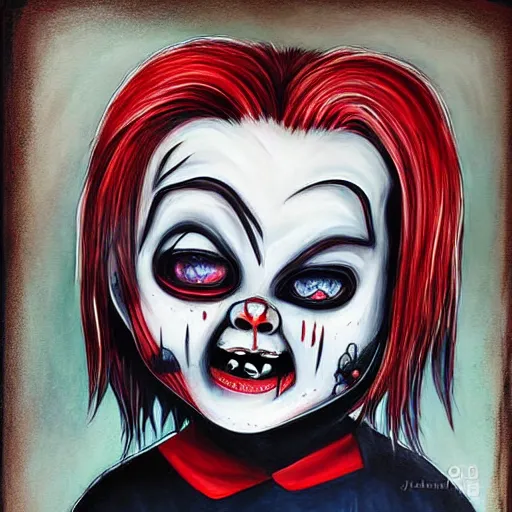 Prompt: grunge painting of chucky by jeremiah ketner | horror themed | creepy