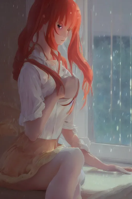 Prompt: a girl in a maid's outfit in the bedroom a night, raining outside the window, orange theme, wavy white long hair, by krenz cushart and mucha and akihito yoshida and greg rutkowski and makoto shinkai, 4 k resolution