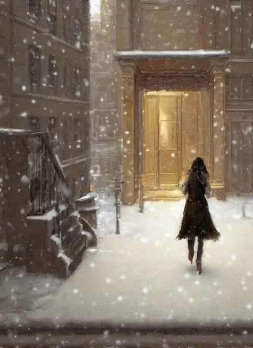 Image similar to back of emma stone in beige coat, walking into new york apartment building in winter, opening door, building entrance, snow, zoomed out, artwork by gaston bussiere, craig mullins, trending on artstation