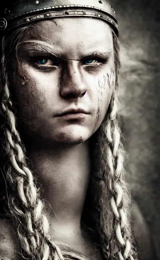 Prompt: photorealistic photograph of beautiful female viking warrior with large sad gray eyes, beat up, inspired by David LaChepell, cinematic, 200mm