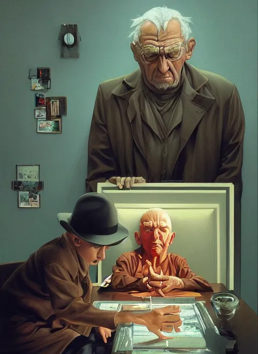 Image similar to poster artwork by Michael Whelan and Tomer Hanuka, Karol Bak of a old man transferring his soul into a young boy, sitting in the board room, from scene from Twin Peaks, clean