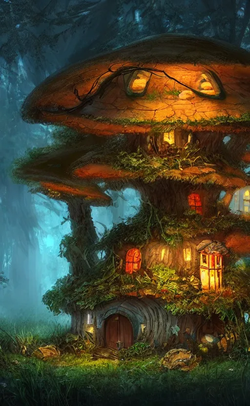 Prompt: a mushroom house in the middle of a forest at night, the lights are on, dynamic lighting, photorealistic fantasy concept art, trending on art station, stunning visuals, creative, cinematic, ultra detailed