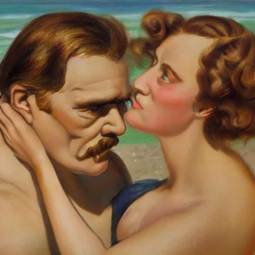 Prompt: Friedrich Nietzsche flirting with a girl at the beach, photorealistic, detailed and realistic faces, 8k,