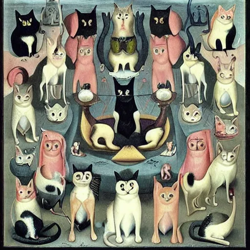 Prompt: cat dog 25 heads 32 legs 18 tails cat dog in style of Hieronymous Bosch