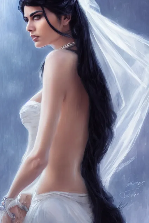 Image similar to back portrait of Ameera al-Taweel, blue eyes, long wavy black hair, fierce look, white veil, closeup, focus face, elegant, highly detailed, centered, digital painting, artstation, concept art, art by artgerm and donato giancola and Joseph Christian Leyendecker, Ross Tran, WLOP