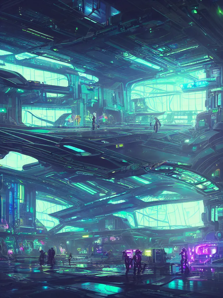 Image similar to the interior of a celestial spaceship cyberpunk hangar in a bioluminescent walls decorated beautifully, lots of cyberpunk design elements like humanoids and mecha robots, warm sunlight shining in, lots of cables and neon signs, concept art 8 k resolution, fantasy illustration, sharp focus, detailed painting, deep color, volumetric lighting, crepuscular rays