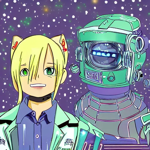 Image similar to the fullmetal neon friendly robot orion crosses the infinite boundary between reality and simulation, kawaii children illustration