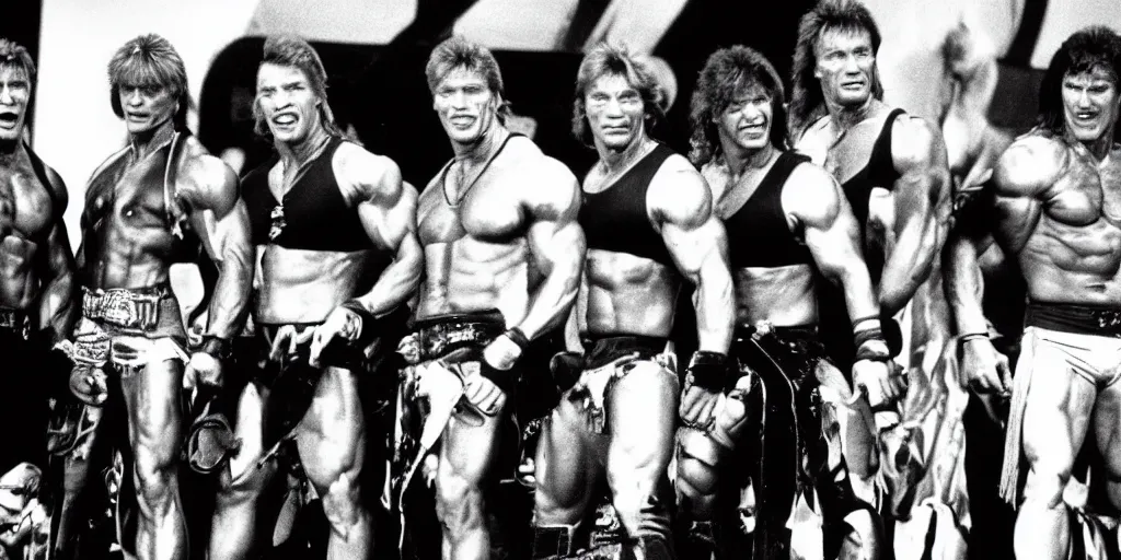 Prompt: photo off arnold schwarzenegger, sylvester stallone, dolph_lundgren, Chuck Norris and Jean-Claude Van Damme in a heavy metal band on stage 1985