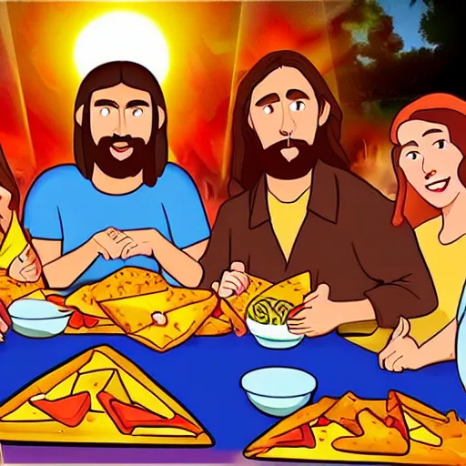 Image similar to jesus and his disciples having a fun dinner at an arcade splitting nachos