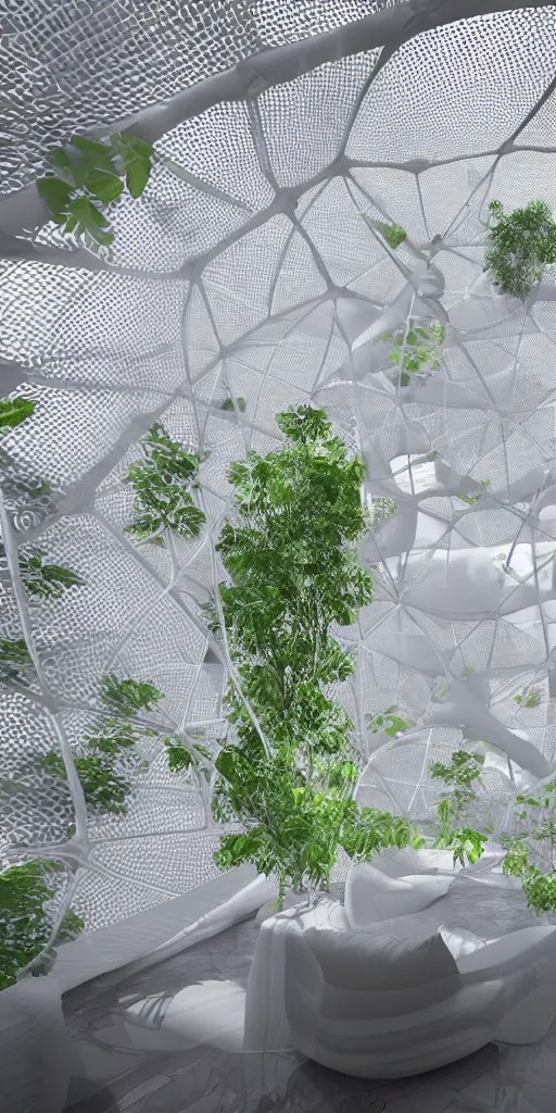 Prompt: inside inflatable organic home. the inflatable fabric translucent white, black stitching. very tall double - height living room and kitchen. mesh fabric strong woven texture. geodesic cellular geometry. hydroponic garden. architectural photography. unreal engine, 4 k, 8 k. volumetric lighting