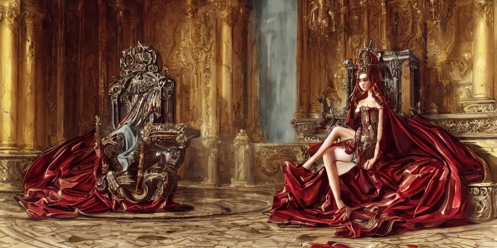 Image similar to epic, cinematic, leading lines, low angle, a 1 7 th century beautiful queen, sitting on the throne, symmetry, baroque interior, shiny marble floor, ornate dark red opulent clothing, scifi, futuristic, optimistic, concept art, watercolor, expressive, impressionism,