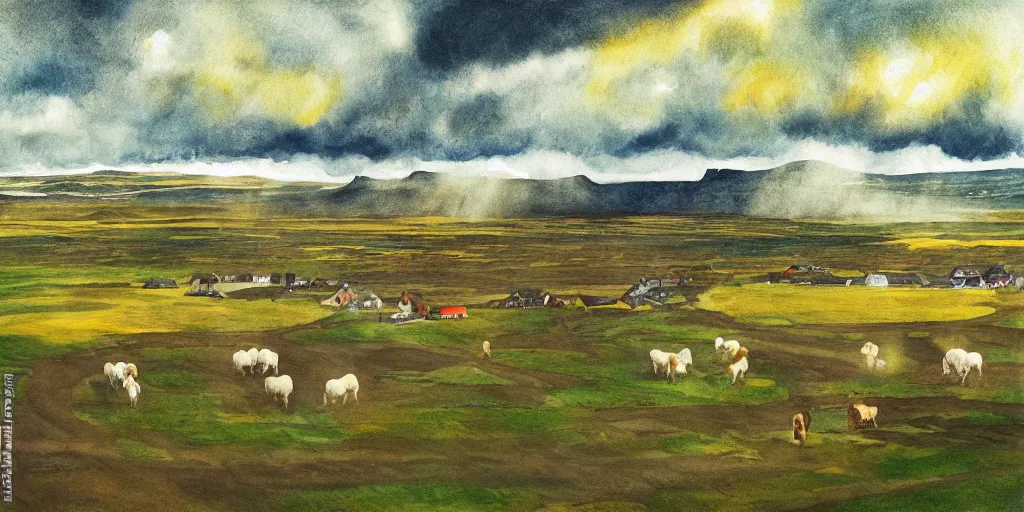 Image similar to a beautiful painting of a icelandic farm, icelandic horses galloping, storm clouds gathering over the town, by studio ghibli 8 k pastel colours, isometric drone shot smeared watercolours, golden light film grain