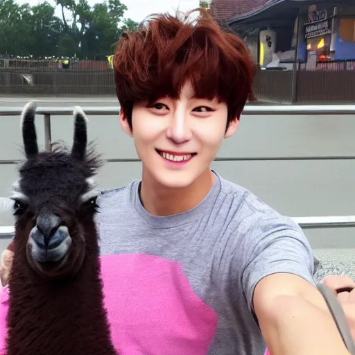 Image similar to jung kook with a llama, 8 k