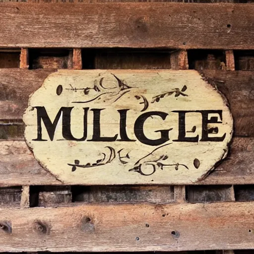 Image similar to An old English tavern sign with the words THE MULE, rustic, hyperdetailed, moody, wood