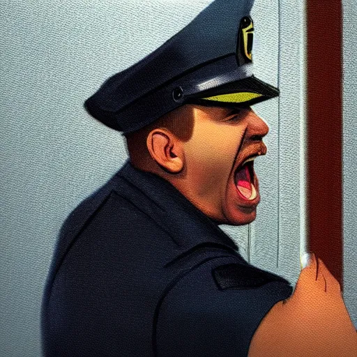 Prompt: a police officer screaming at a light switch