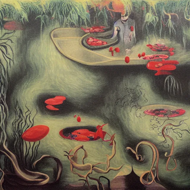 Image similar to painting of flood waters inside an art gallery, female emo art student, a river flooding indoors, pomegranates, pigs, ikebana, water, octopus, river, rapids, waterfall, black swans, canoe, berries, acrylic on canvas, surrealist, by magritte and monet