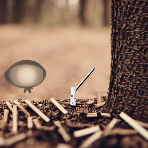 Prompt: word's office assistant, paper clip with googly eyes, smoking a cigarette, in the woods, photography, depth of field, 4 k resolution