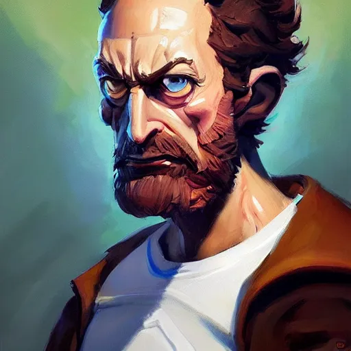 Prompt: greg manchess portrait painting of rick from rick and morty as overwatch character, medium shot, asymmetrical, profile picture, organic painting, sunny day, matte painting, bold shapes, hard edges, street art, trending on artstation, by huang guangjian and gil elvgren and brom