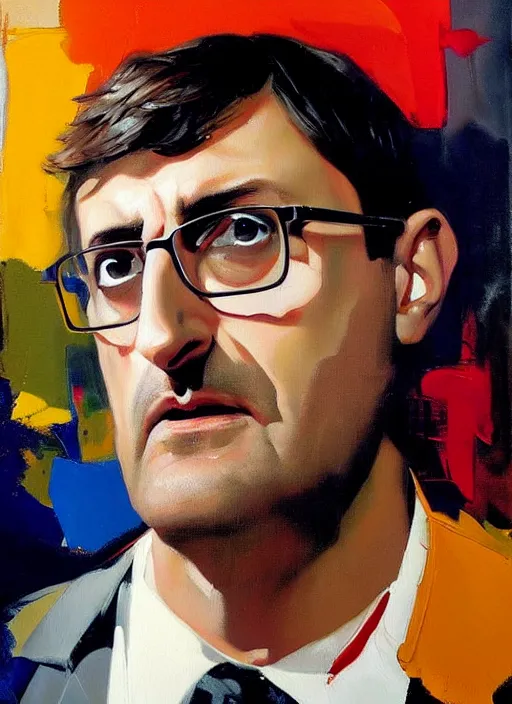 Image similar to louis theroux, painting by phil hale, 'action lines'!!!, graphic style, visible brushstrokes, motion blur, blurry