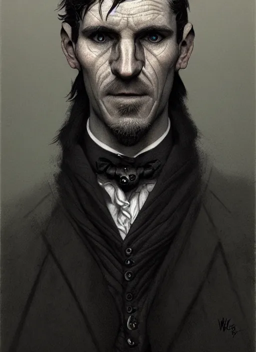 Image similar to portrait of a gaelic man with a crooked nose and a confident expression, 1 9 6 0 s, black clothes, goth, punk, funk, intricate, elegant, highly detailed, digital painting, artstation, concept art, smooth, sharp focus, illustration, art by wlop, mars ravelo and greg rutkowski