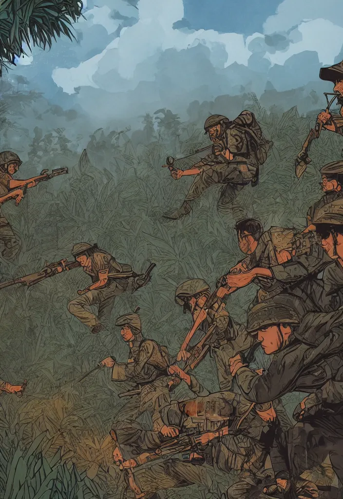 Image similar to handmade illustration of an epic Vietnam war scene with a few american soldiers walking, the jungle at the background, some smoke and fire, blue sky with dramatic clouds, line art, ink, watercolor by Kilian Eng and by Jake Parker, heavy brushstrokes, winning-award masterpiece, fantastic, octane render, 8K HD Resolution, High quality image