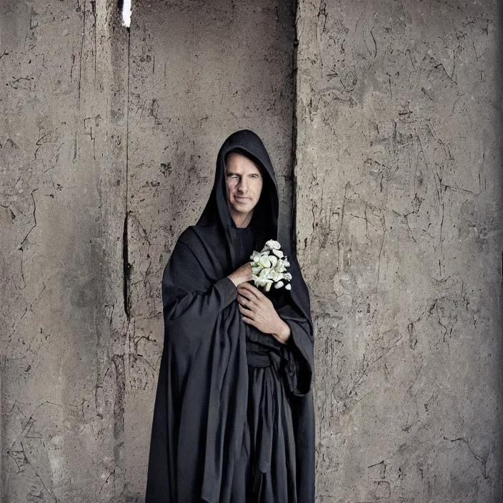 Image similar to closeup portrait of a cloaked hooded figure holding flowers, standing in a desolate abandoned house, by Annie Leibovitz and Steve McCurry, natural light, detailed face, CANON Eos C300, ƒ1.8, 35mm, 8K, medium-format print