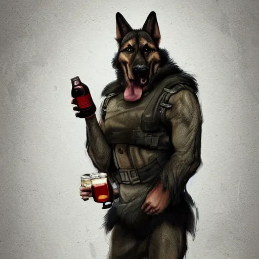 Image similar to a humanoid german shepherd beast - man in military style, holding a bottle of beer, artstation, concept art, smooth, sharp foccus ilustration, artstation