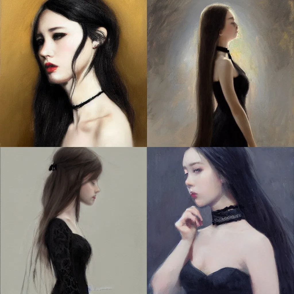 Prompt: girl with long hair, profile, black lace dress, choker necklace, by mary qian,