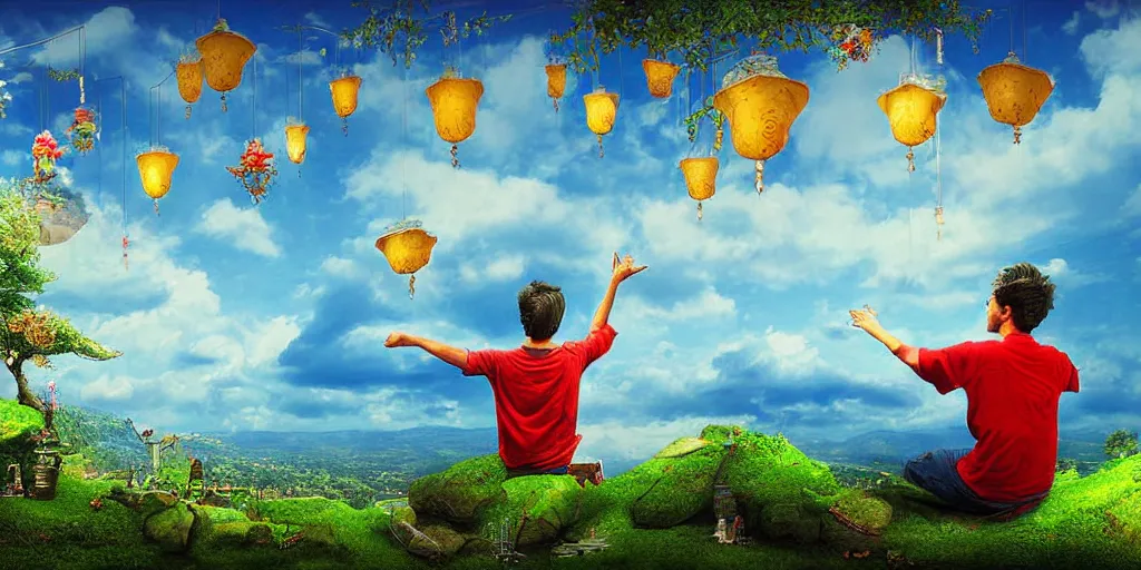 Image similar to wind deva enjoying the view from his stone heavenly palace, decorated with windchimes and paper lanterns, stunning nature and clouds in background, digital art