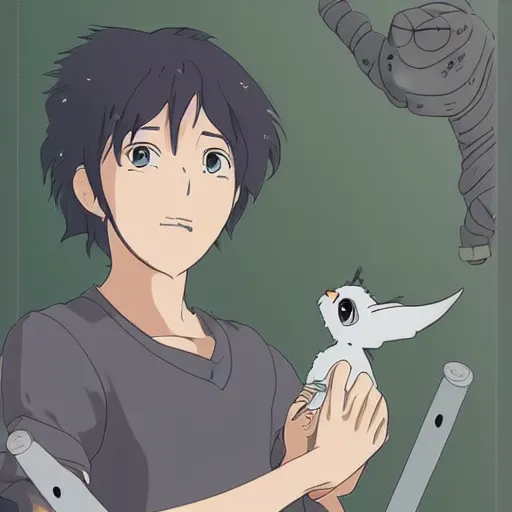 Image similar to friendly guy with small creature in the studio ghibli movie art smooth 8k highly detailed, detailed face, beautiful scene,details, anime style, art