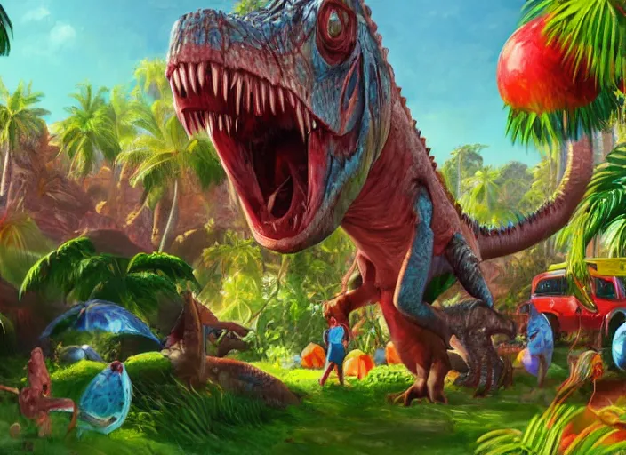 Prompt: concept art for a game candy themed, candy island jurassic park, oil painting by jama jurabaev, extremely detailed, brush hard, artstation, for aaa game, high quality, brush stroke