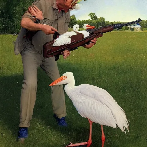 Image similar to a stork is carrying a human baby with a bag in its mouth. a man is chasing the stork away with a shotgun. they're in a trailer park. norman rockwell painting. highly detailed, high quality, 8 k, soft lighting, realistic face, path traced