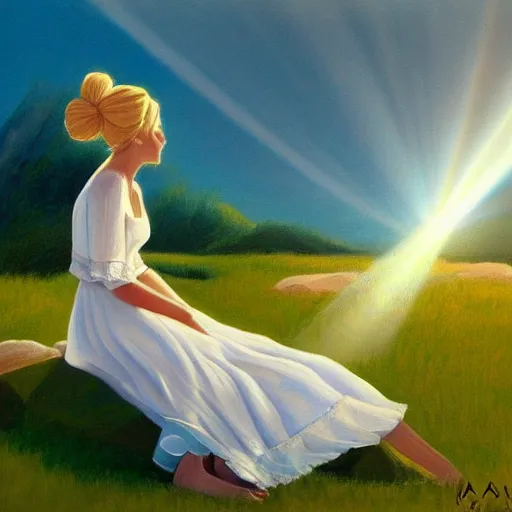 Prompt: a painting of a woman in a white dress pondering life as she watches the sun set, a painting by ansel adams, deviantart, fantasy art, sunrays shine upon it, deviantart, mystical