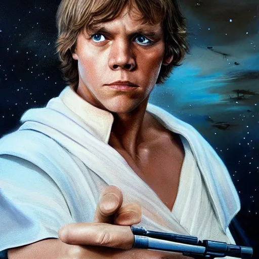 Image similar to An ultra realistic portrait painting of luke skywalker in the style of Frank Frazetta, 4k, Ultra realistic, Highly Detailed, Dark Fantasy, Epic Lighting