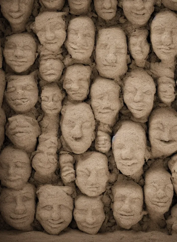 Prompt: a room made of clay, faces emerging from the walls, experimental photography