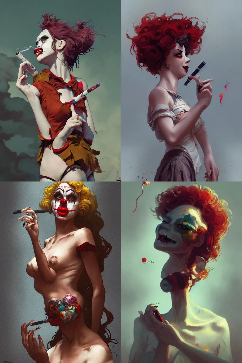 Image similar to creepy clown girl pondering nuclear destruction smoking a cigarette, highly detailed, digital painting, artstation, concept art, smooth, sharp focus, illustration, art by artgerm and greg rutkowski and alphonse mucha and loish and WLOP