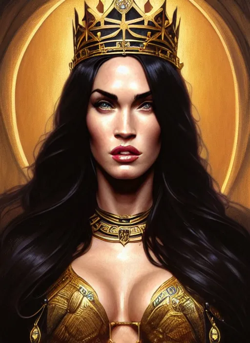 Image similar to portrait of megan fox as a queen, throne, jewelry, greek, black, intricate, headshot, highly detailed, digital painting, artstation, concept art, sharp focus, cinematic lighting, illustration, art by artgerm and greg rutkowski, alphonse mucha, cgsociety