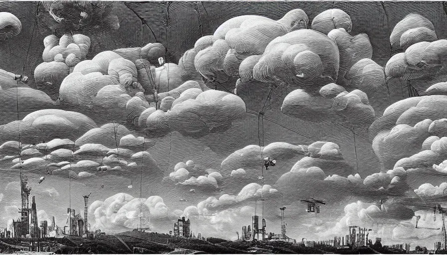 Prompt: Buckminster at home in an inflated stainless steel chrome gondola in the clouds, people are hanging by steel cables. Oil rigs in the sky. Intricate technical drawing. Mammatus clouds. Ornate, brilliant, utopian, detailed, Golden ratio, solarpunk